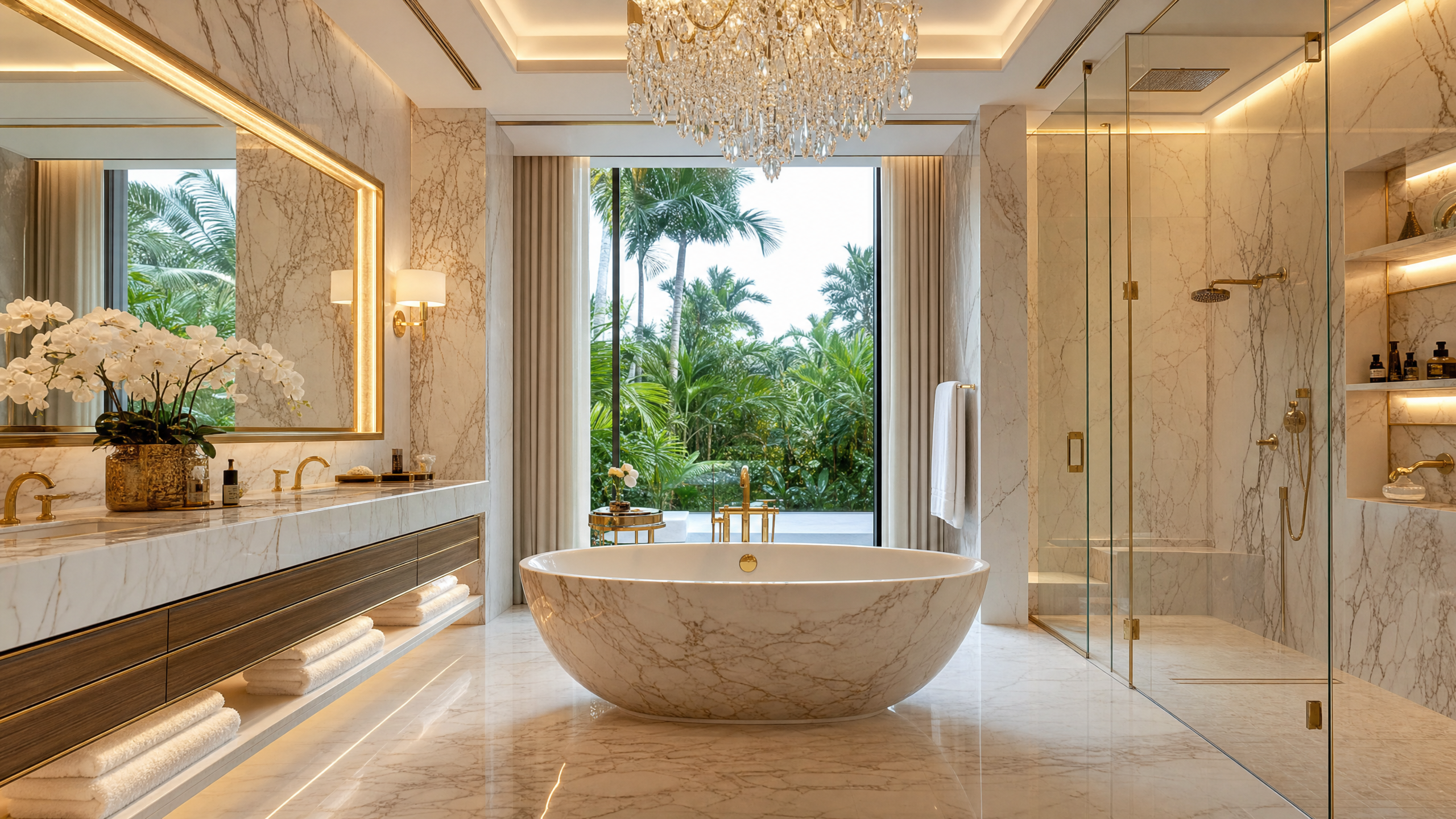 Master bathroom with Calacatta marble 🛁 #BathroomDesign #Luxury