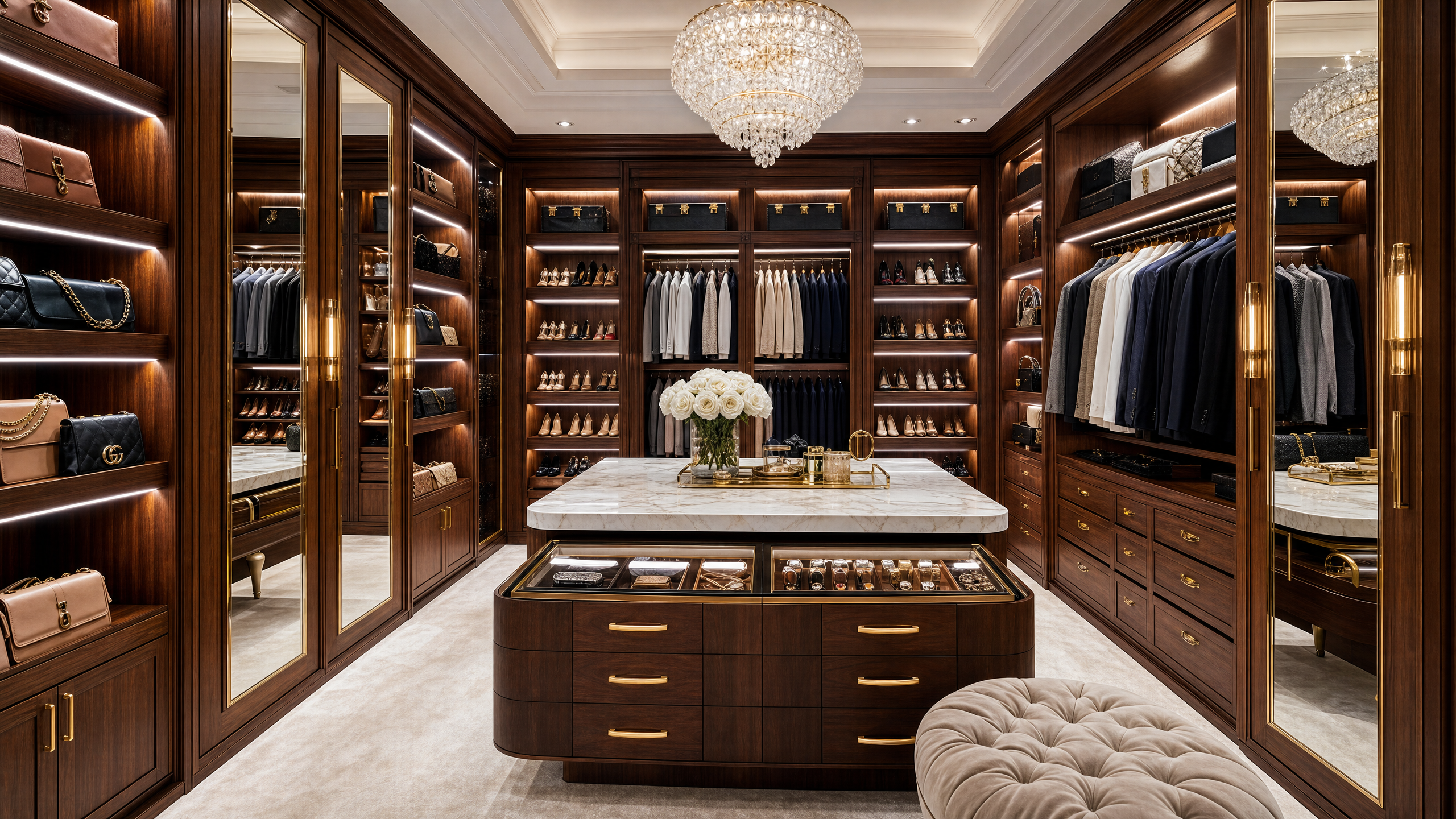 Walk-in closet dreams — walnut wood & LED lighting ✨ #WalkInCloset